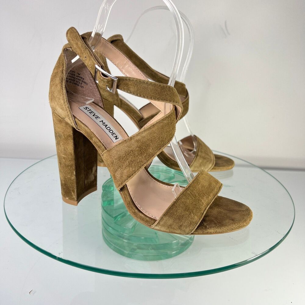 Steve Madden Caliopi High Heel Sandal Brown Suede Cross Straps buckle